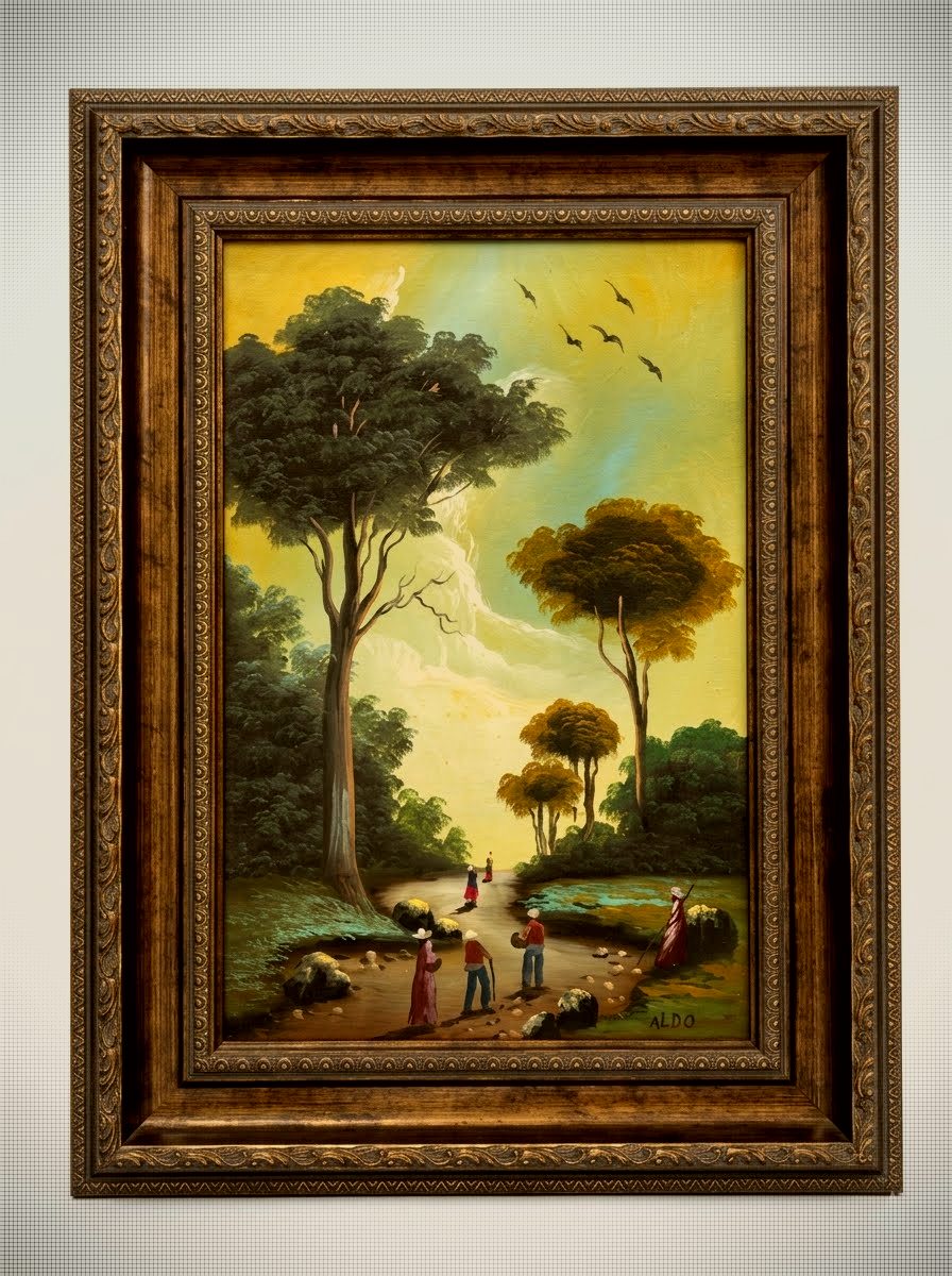 Vintage European Country Road Landscape Oil Painting by ALDO