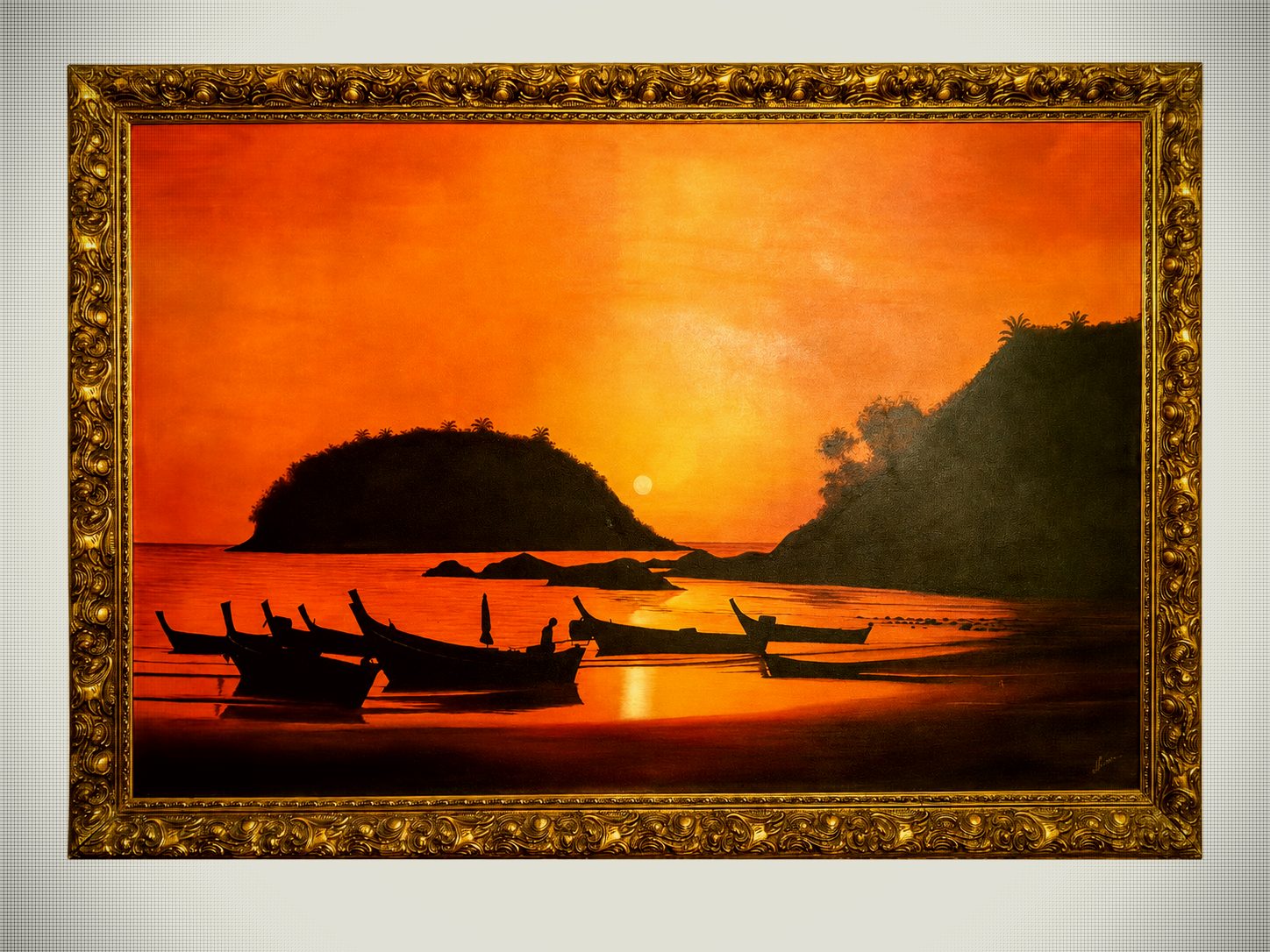 Large Signed Tropical Sunset Seascape with Boats