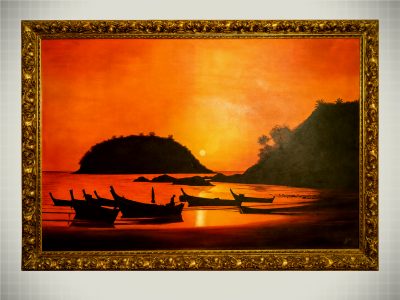 Large Signed Tropical Sunset Seascape with Boats