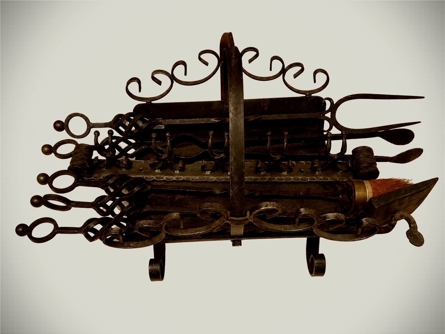 Large Vintage Hand-Forged Wrought-Iron Fireplace and Hearth Tool Set