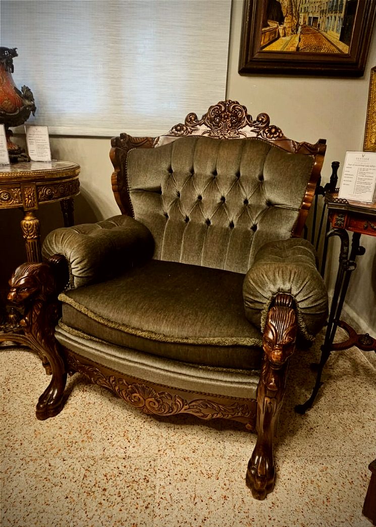Set of Two Vintage Carved Lion-Head Baroque Revival Armchairs