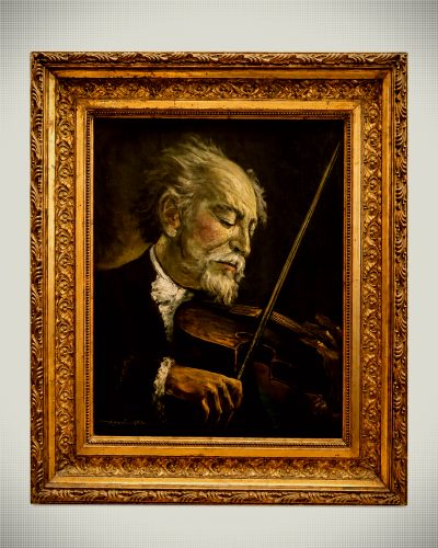 Signed Portrait of an Elderly Violinist in Ornate Giltwood Frame