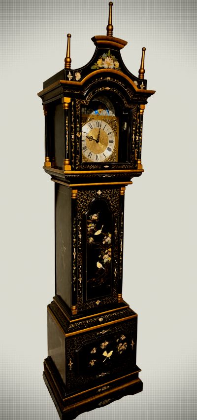 Vintage Chinoiserie Black Lacquer Grandfather Clock