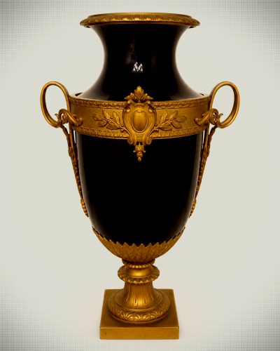 Pair of French Empire Style Cobalt Blue & Bronze Urns (bleu de sèvres)