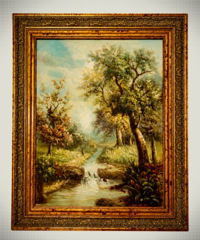 Framed Pastoral Woodland Landscape Painting
