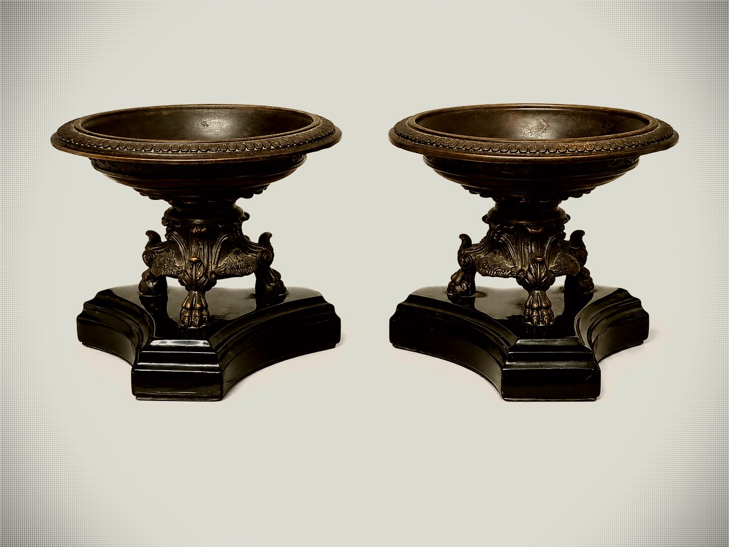 Pair of Miniature Empire Revival Bronze Tazzas on Black Marble Bases