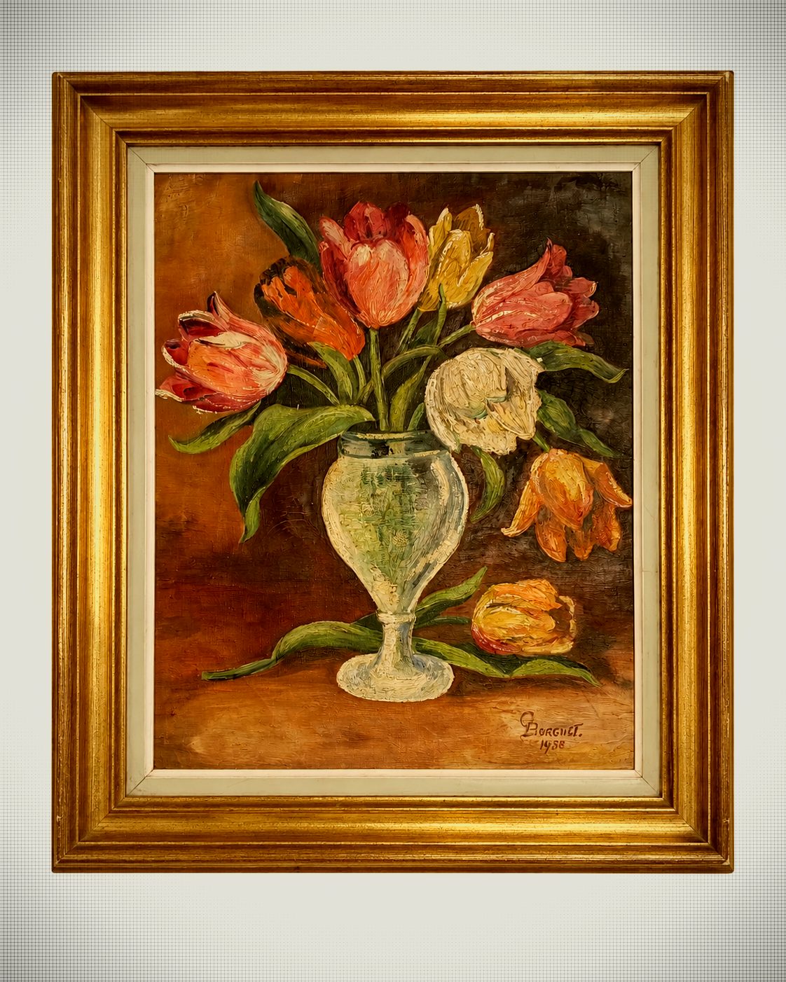 Floral Still Life with Tulips, Signed C. Borguet, 1938