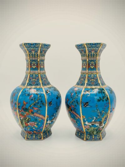 Pair of Vintage Chinese Chinoiserie Hexagonal Blue Enamel Pheasant Vases