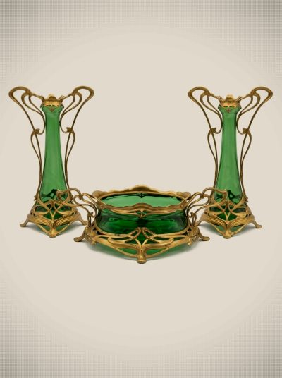 Extremely rare Antique WMF Art Nouveau Fully Gilt 3-Piece Table Garniture Set
