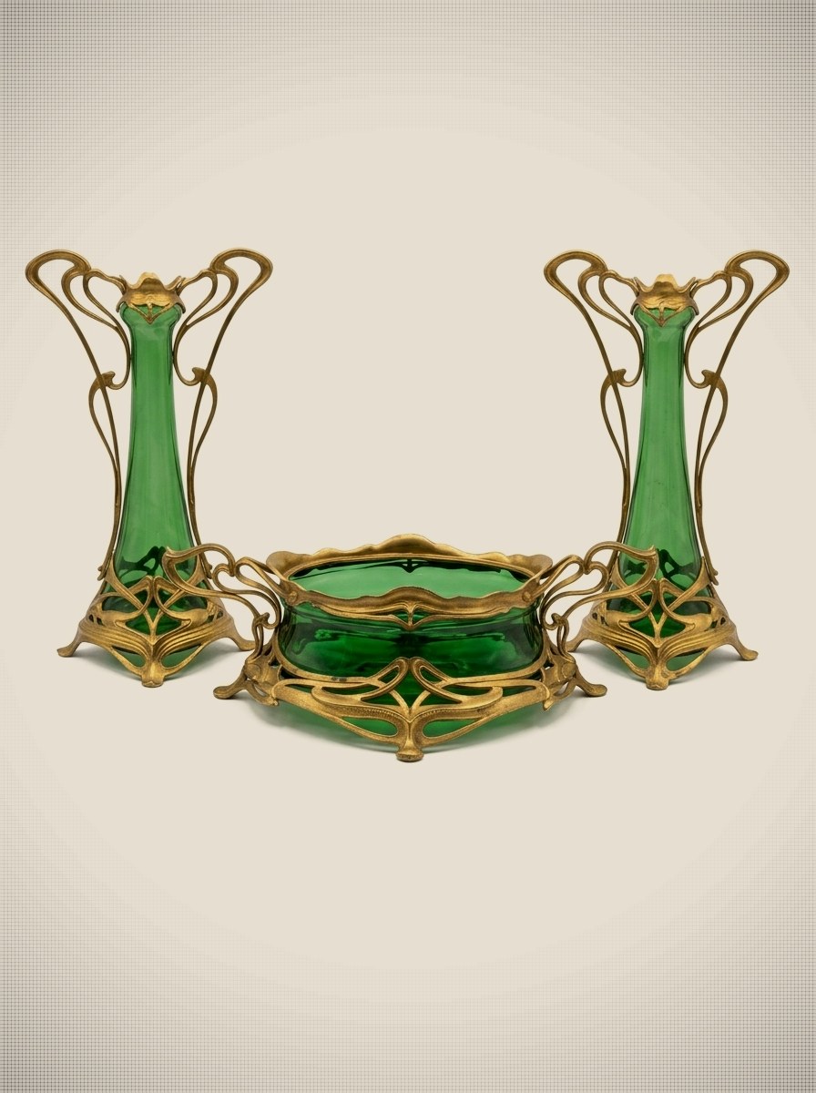 طقم زينة طاولة أثري نادر جداً  من WMF، مكوّن من ٣ قطع مطلية بالكامل بالذهب، بتصميم فن الآرت نوفو (Art Nouveau)