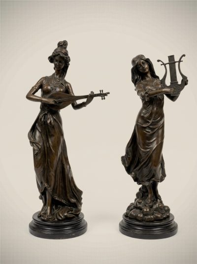 Pair of Art Nouveau Style Patinated Bronze Figures of Female Musicians