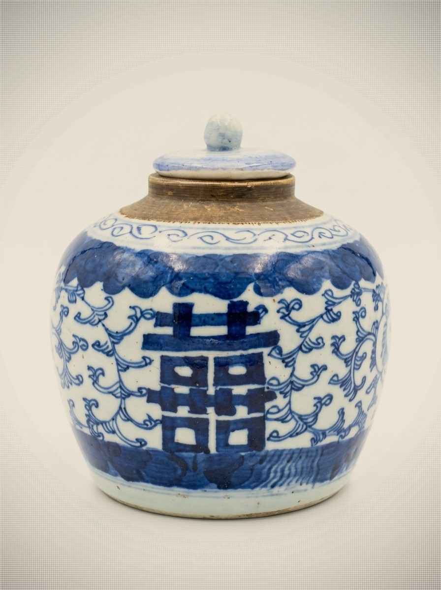 Chinese Blue and White Porcelain "Double Happiness" Ginger Jar