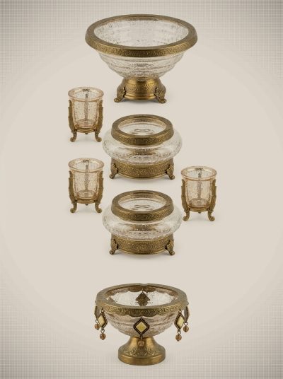 Vintage-Style Amber Crackle Glass & Gilded Brass Console Set