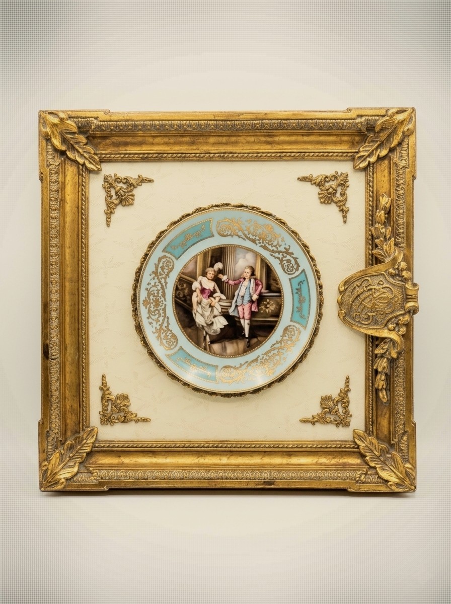 Vintage French Rococo Style Framed Porcelain Wall Plaque