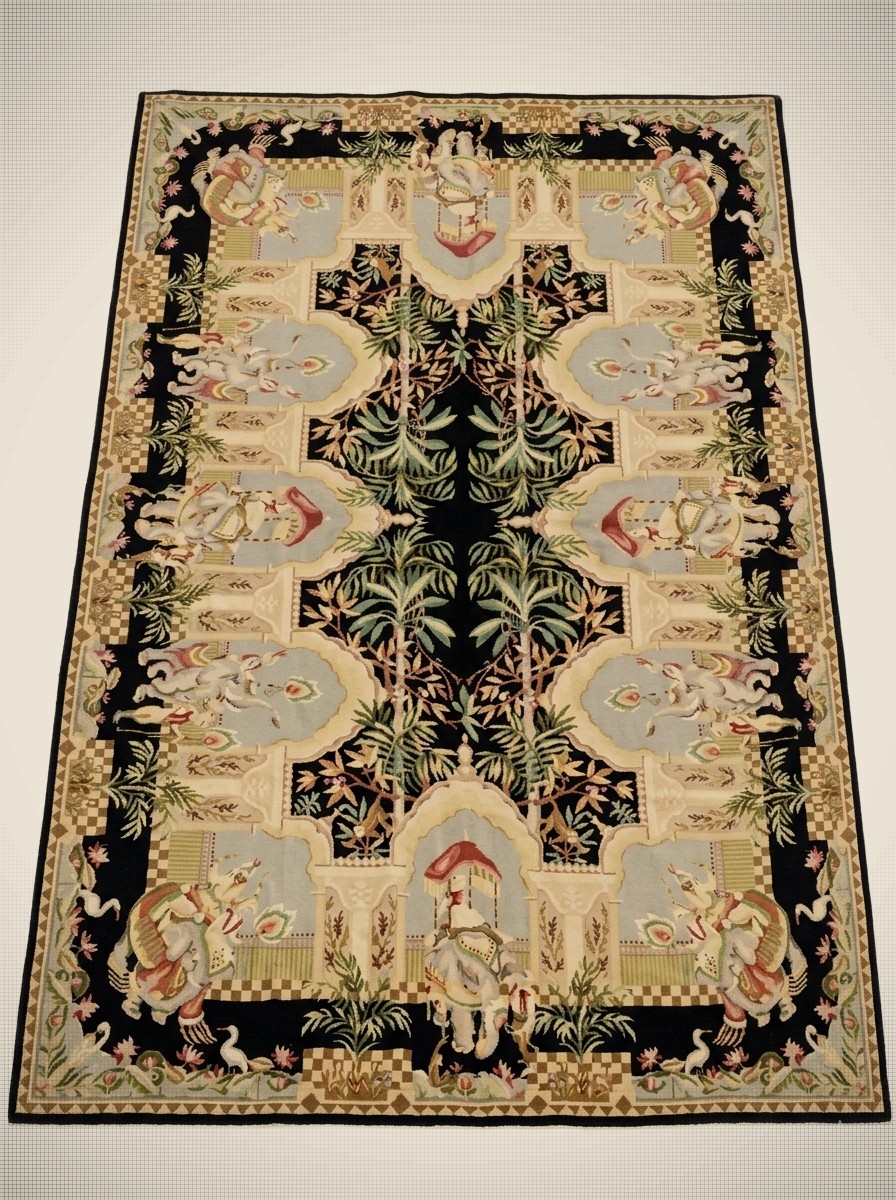 Vintage Hand-Stitched Wool Needlepoint Rug - Aubusson Style Chinoiserie
